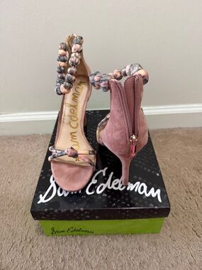 Sam Edelman Blush Pink Suede Beaded Ankle-Strap Heels